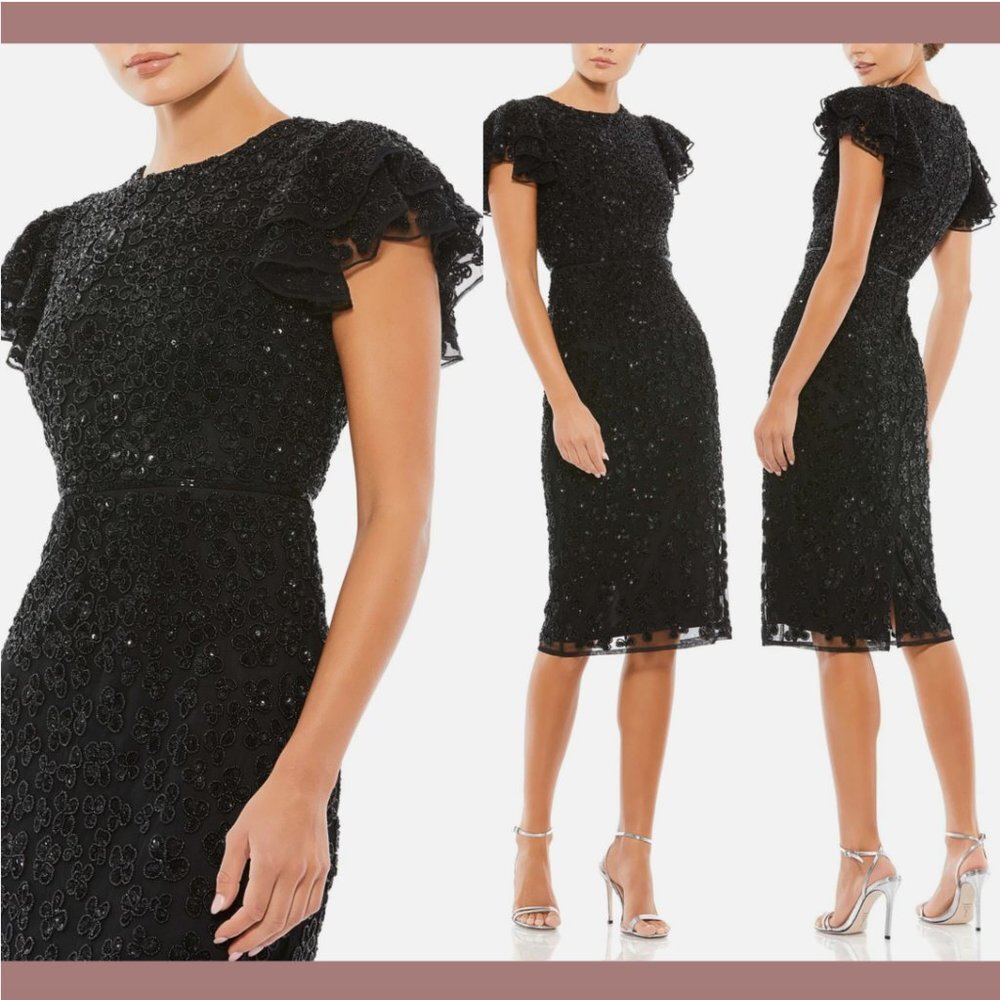 NEW $498 Mac Duggal [ 8‎ ] Beaded Ruffle Sleeve Midi Cocktail Dress Black #Q490